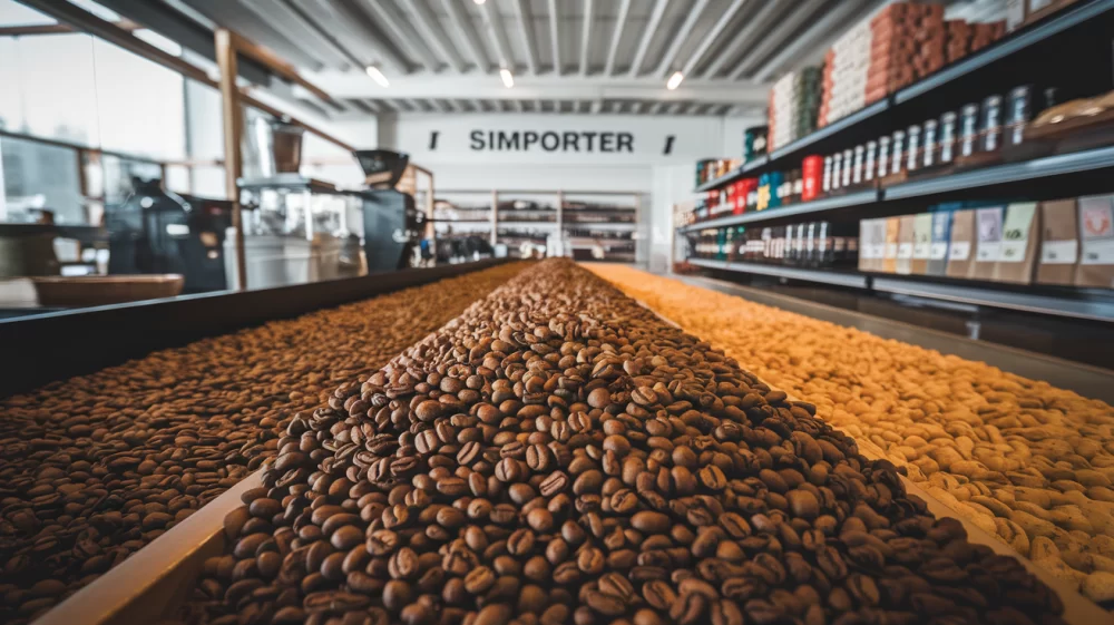 A photo of a coffee bean being farmed, then being processed, and finally being displayed on a store shelf. The photo is taken from a low angle. There is a 'Simporter' text on the wall in the background.