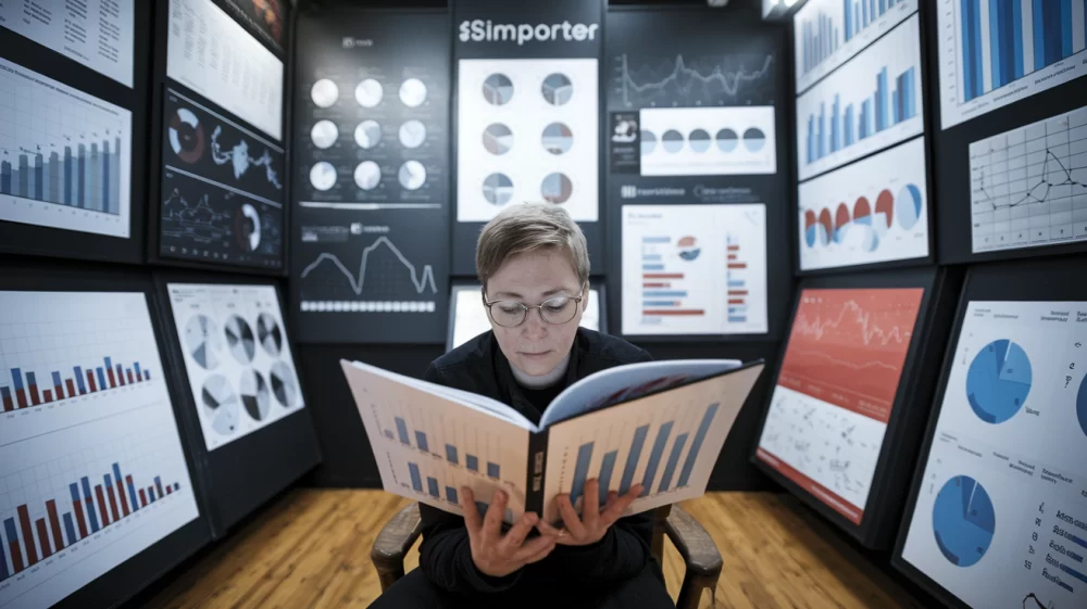 A photo of a person sitting in a room filled with charts on the walls. The person is wearing glasses and has short hair. They are reading a book with charts in it. The room has a wooden floor. There is a 'Simporter' text on the wall in the background.