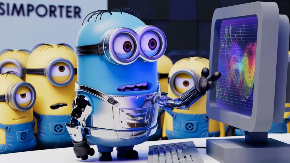 A blue minion in a metallic, robot-like suit could be processing data on a computer, its eyes looking wide-eyed at the colorful, swirling data on the screen.