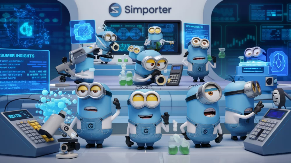 Blue minions dressed as scientists in a high-tech lab, surrounded by futuristic AI equipment (like holographic displays and data-filled monitors).