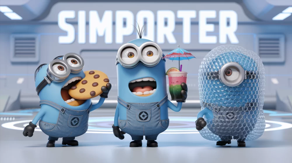 Blue minions sampling “innovative products” in a silly way, like one Minion trying to eat an impossibly large cookie, another holding a trendy drink with an umbrella, and a third covered in bubble wrap (as if testing packaging). Text 'Simporter' in background