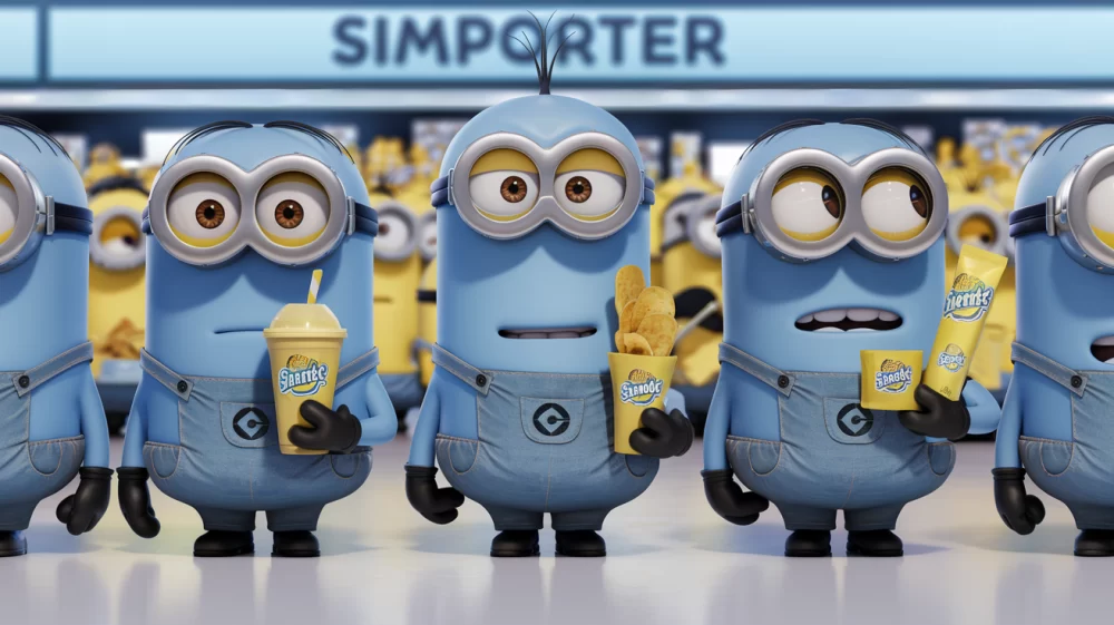 Blue minions lined up in a store aisle with unique products just for them—one holding a banana smoothie, another with banana chips, and a third holding banana-flavored toothpaste. The Minions could look pleasantly surprised at the “personalization” of their favorite product. Text 'Simporter' in background