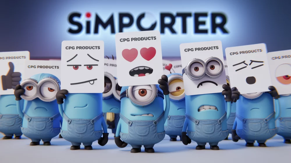 Blue Show Minions using “sentiment analysis” by holding up pictures with exaggerated faces (like thumbs up, heart eyes, or confused looks) as they inspect various “CPG products,” trying to decide how they feel about each one. Text 'Simporter' in background