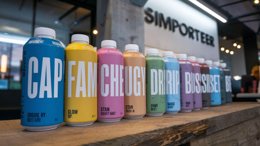 A photo of innovative beverages with labels that say 'Cap', 'Fam', 'Glow up', 'Stan', 'Cheugy', 'Drip', 'Basic', 'Bet', and 'Bussin'. The containers are placed on a wooden surface. The background contains a wall with the text 'Simporter'. The lighting is bright.