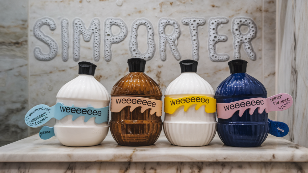 A photo of innovative shampoo and conditioner bottles with labels that say 'WEEEEEEEE'. The containers are placed on a marble surface. The background contains a shower wall with the text 'Simporter' in soapy bubbles.