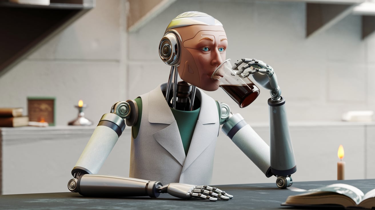 An image of a robot drinking a beaker of coffee.