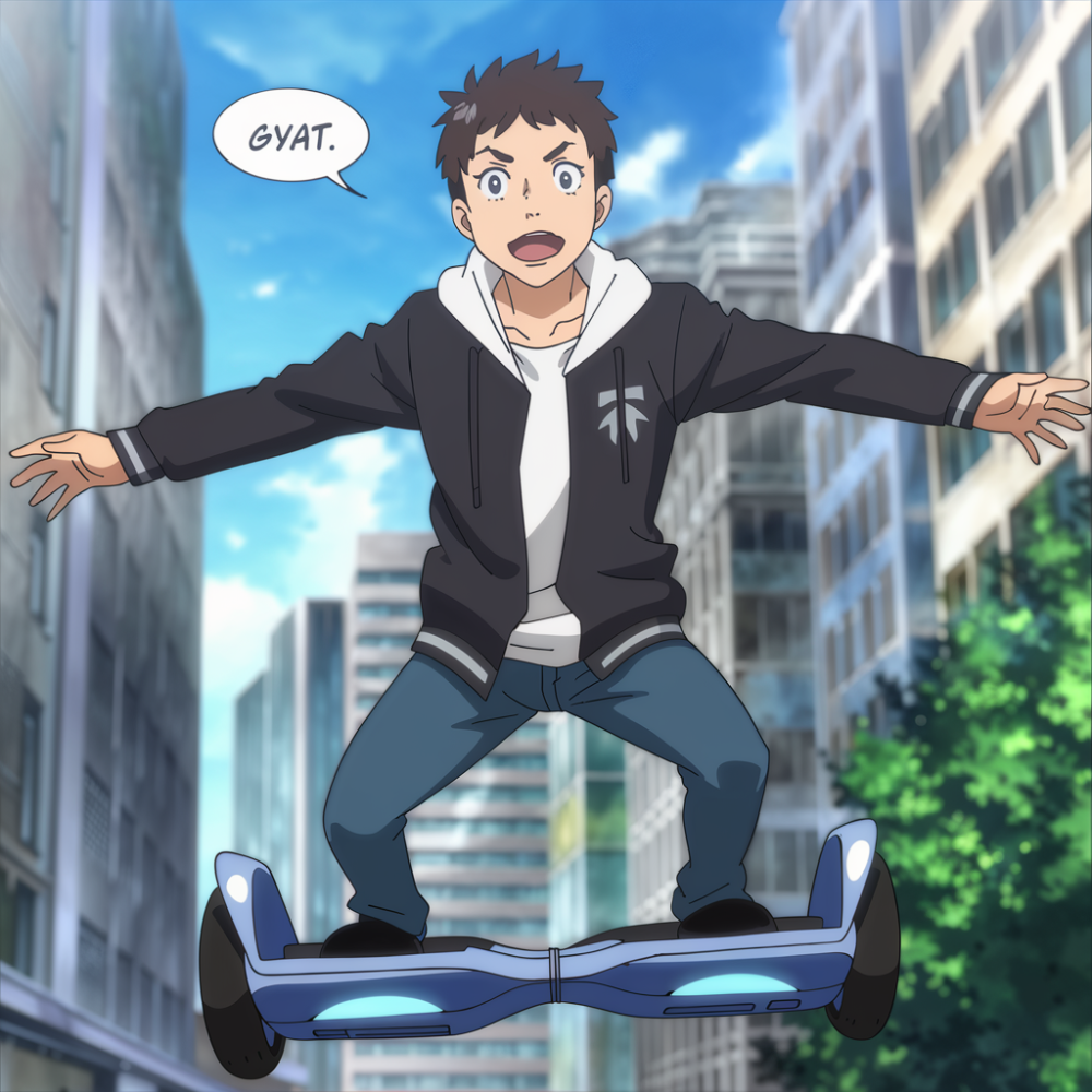 Anime guy on a hover board saying gyat.