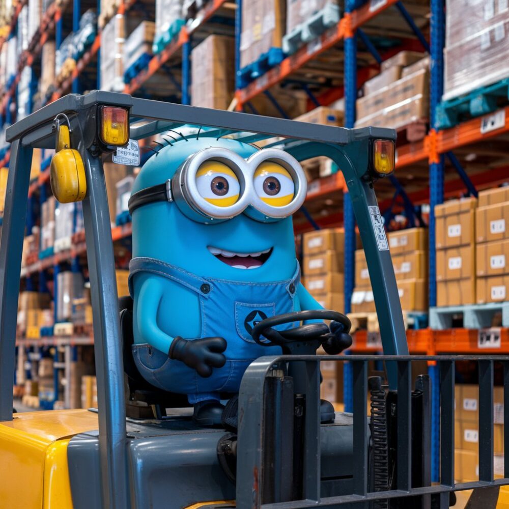 Blue minion riding a forklift in a warehouse.