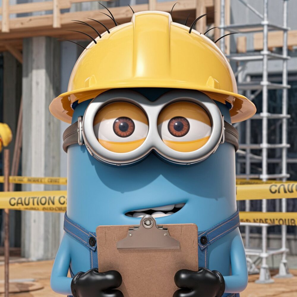 Blue minion holding a clipboard with a construction hat.