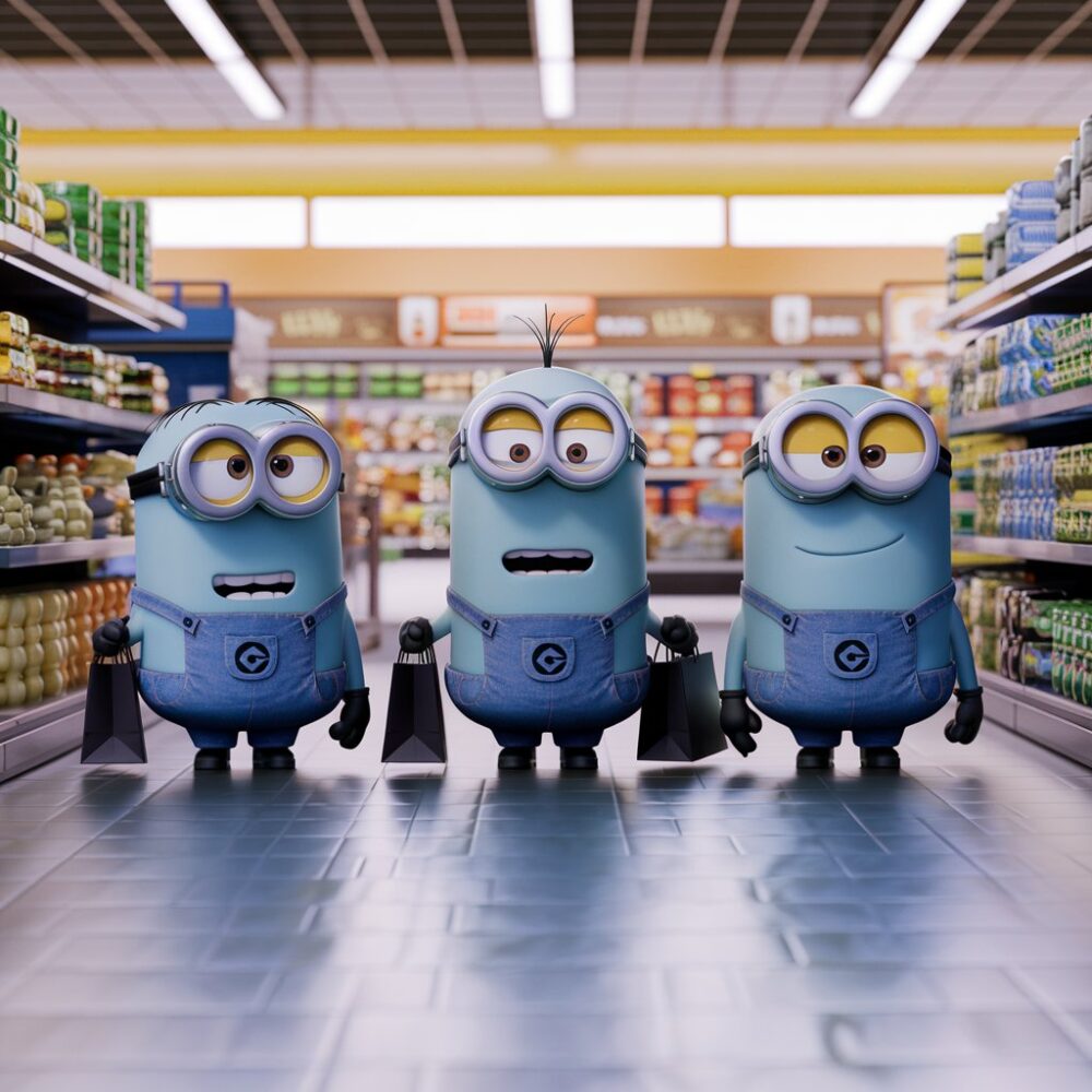 3 blue minions with shopping bags in a grocery store.