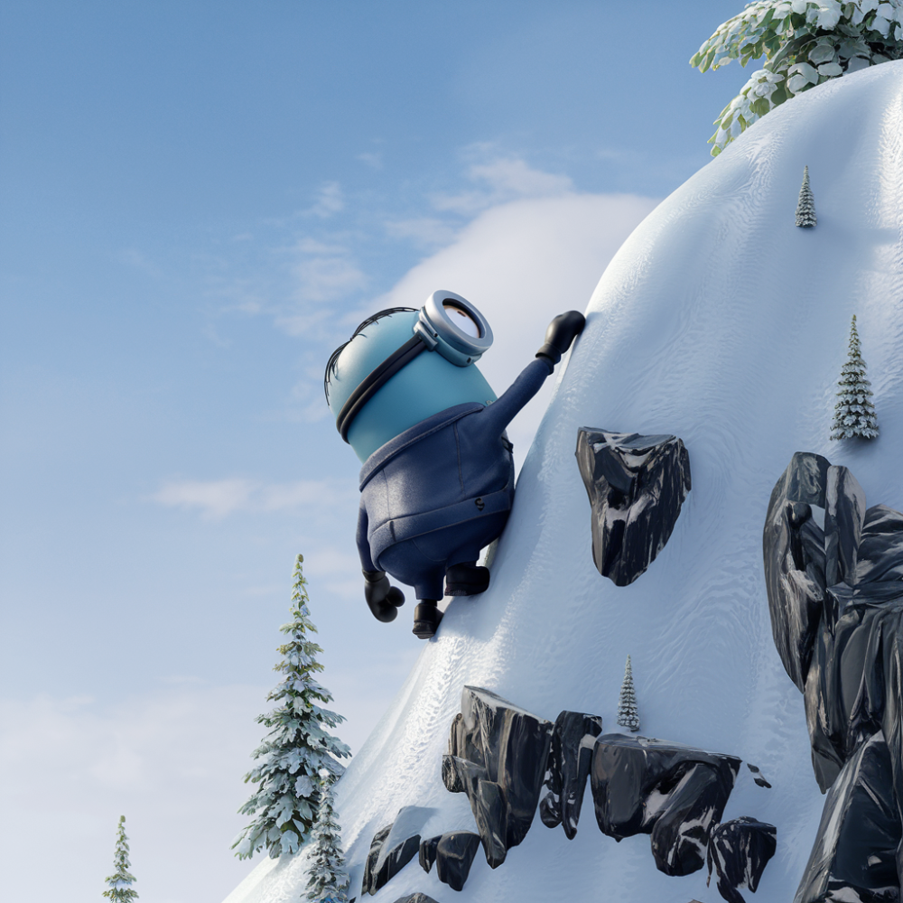 Blue minion climbing a snowy mountain.