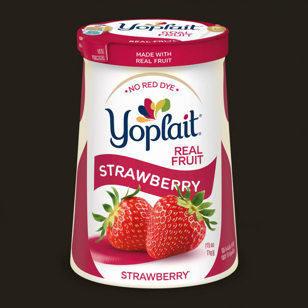 Yoplait Strawberry Yogurt has real fruit but no red dye on the package.