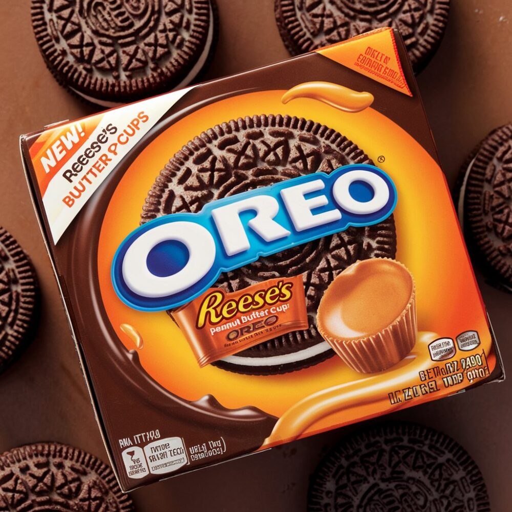 A photo of an Oreo box with a Reese's flavor. The box has a chocolate-colored background with white Oreo cookies and a Reese's peanut butter cup on it. 