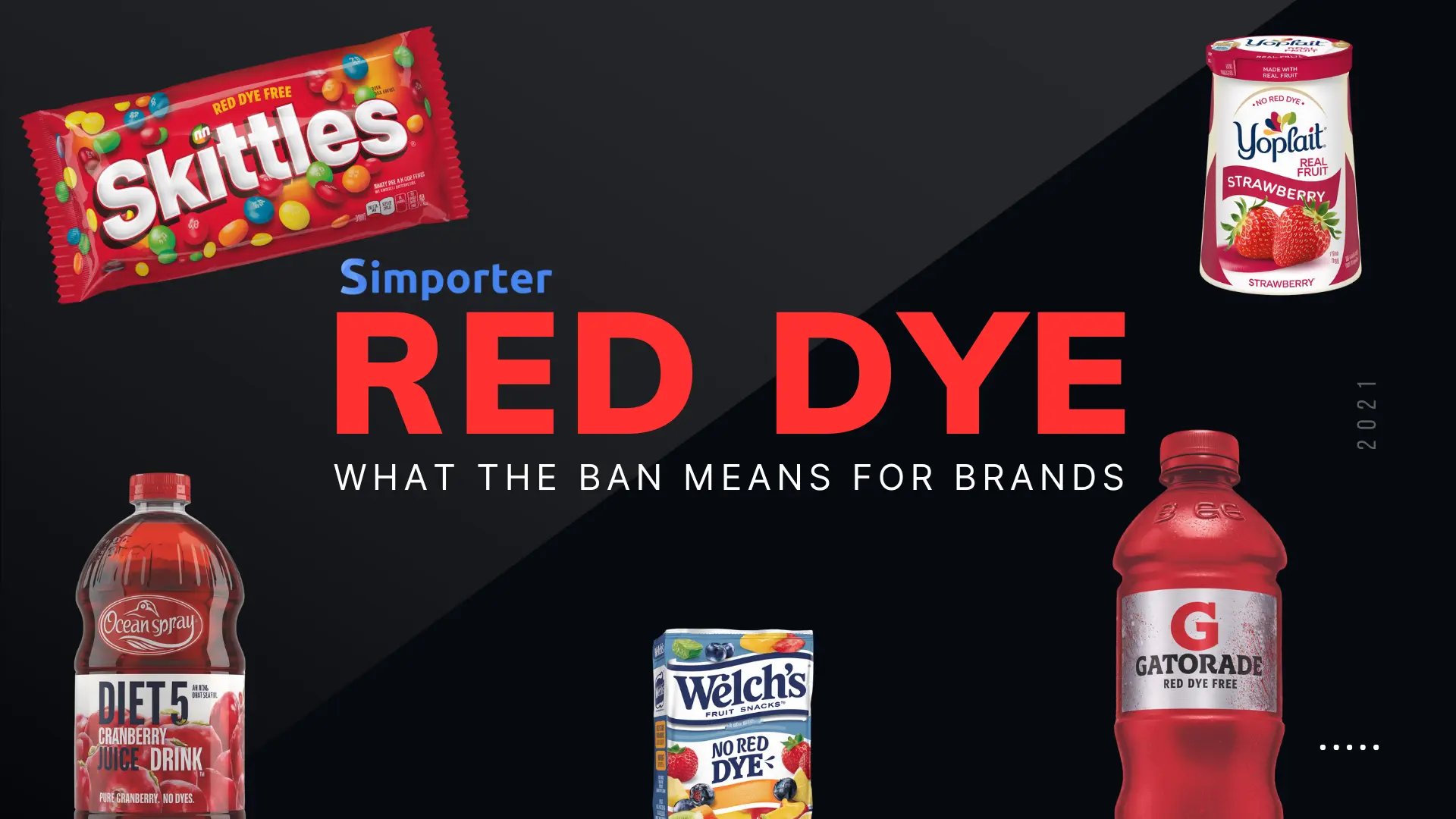 Large photo for a red dye ban article, with rebranded red-dye free Skittles, Yoplait, Ocean Spray, Gatorade, and Welch's packagings.