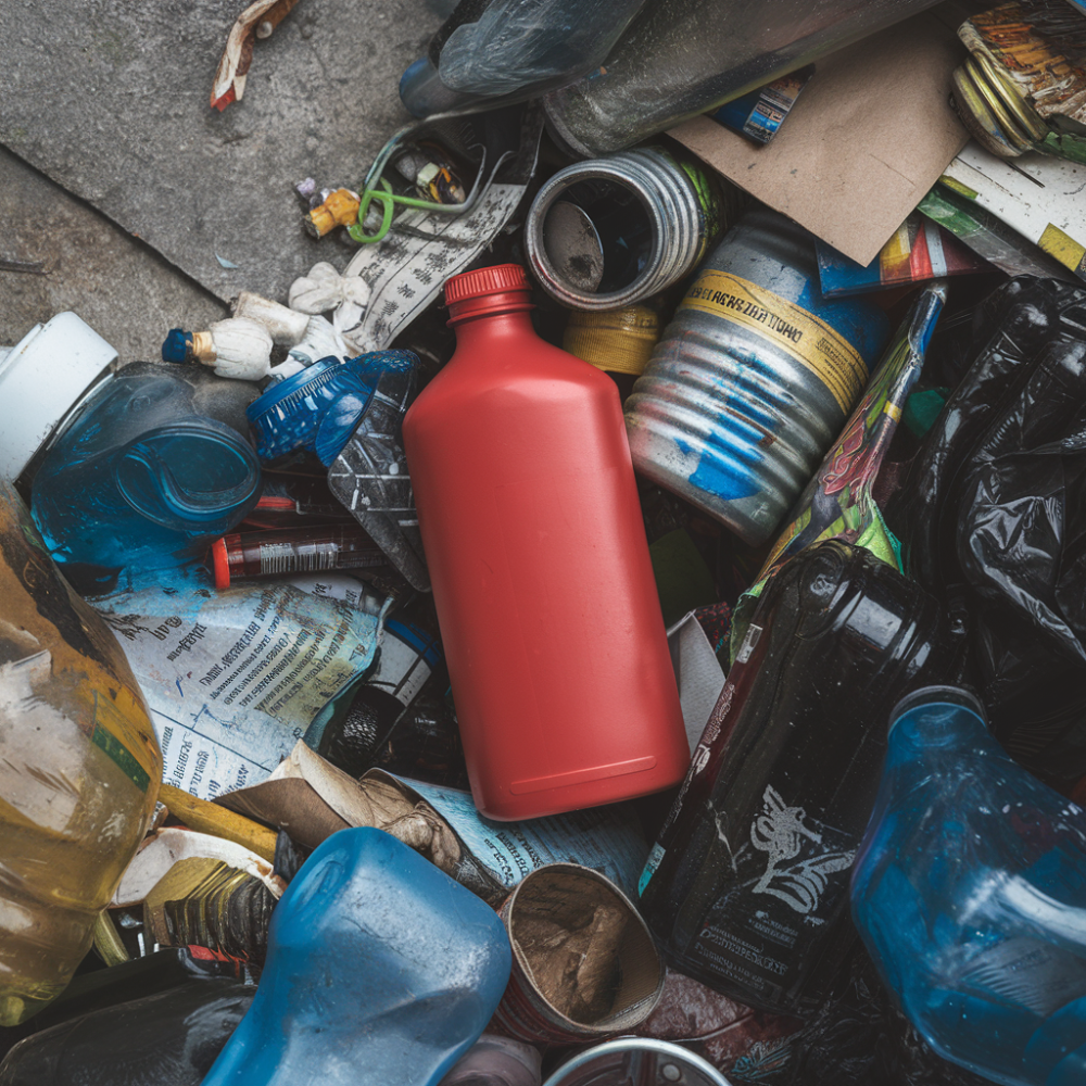 A red colored bottle lying in a pile of trash, representing red food dye being thrown in the trash.