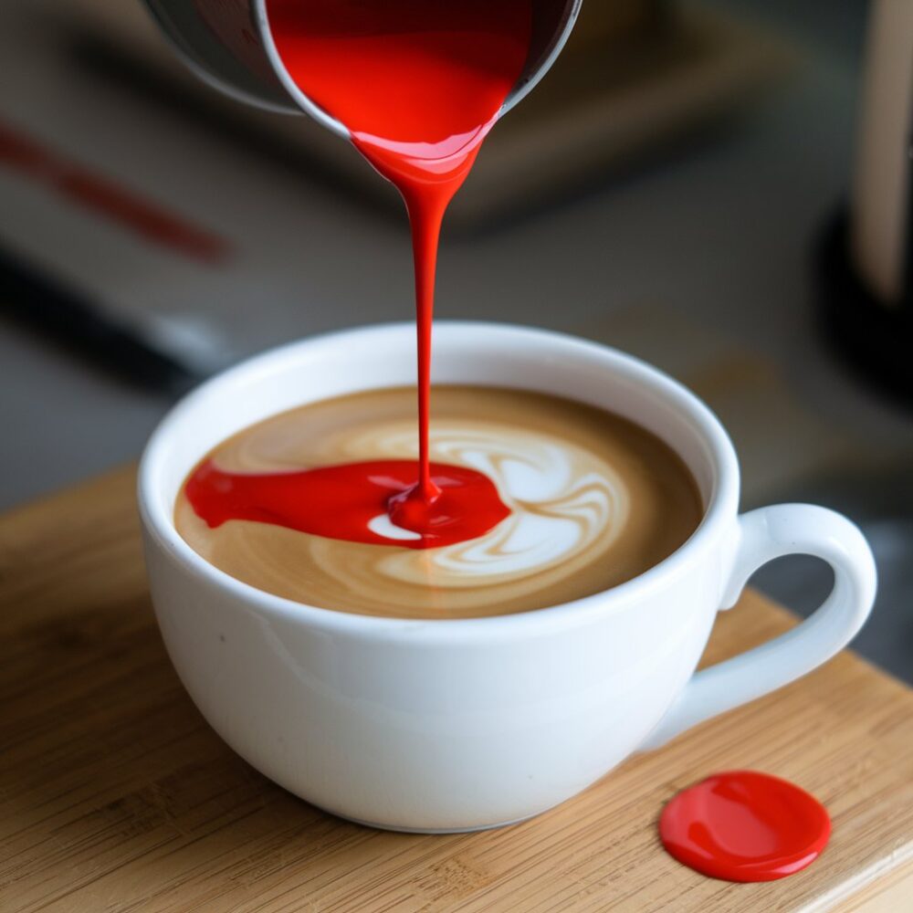 Coffee cup with red paint being poured into it, representing red food dye.