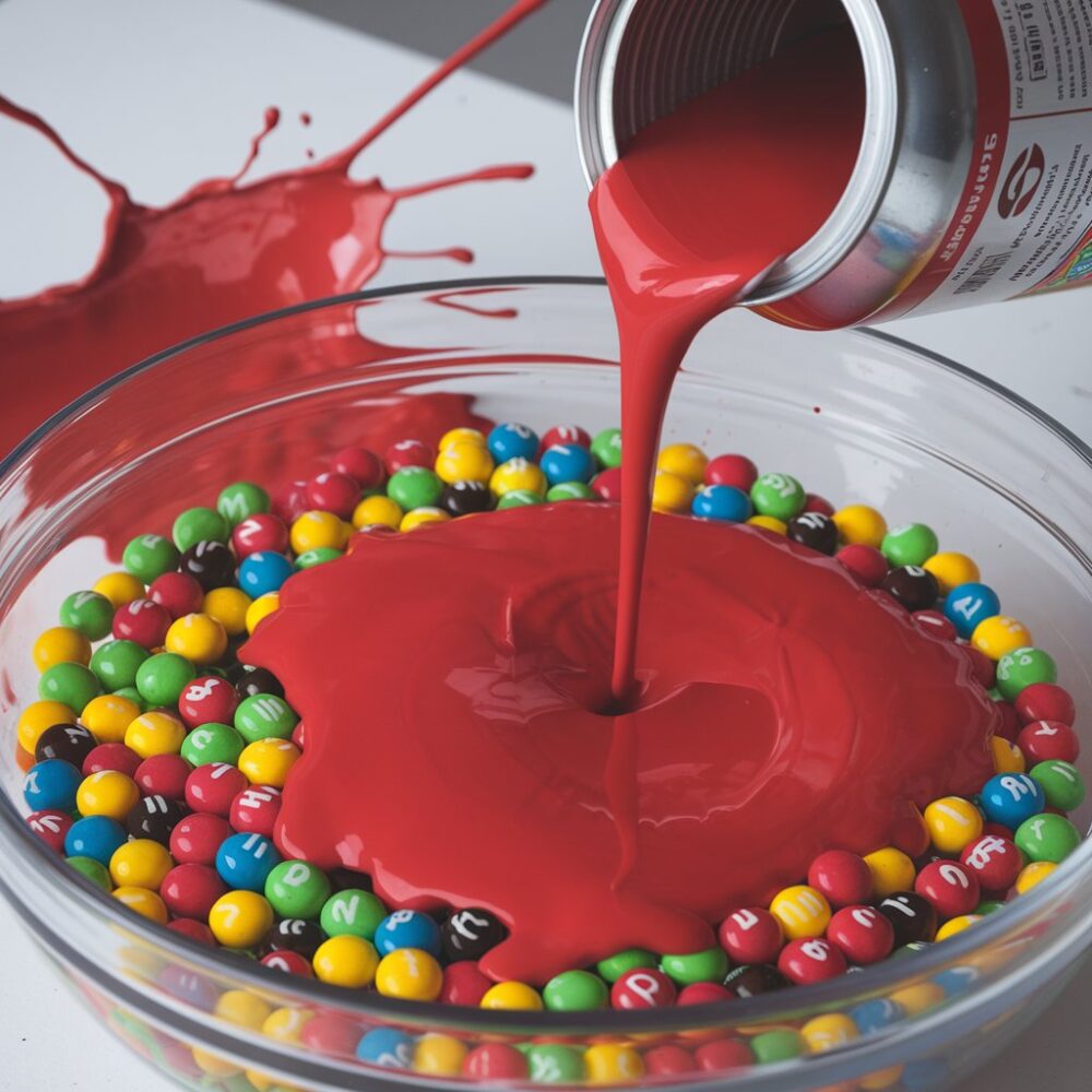 Red paint being poured on skittles, representing red food dye.