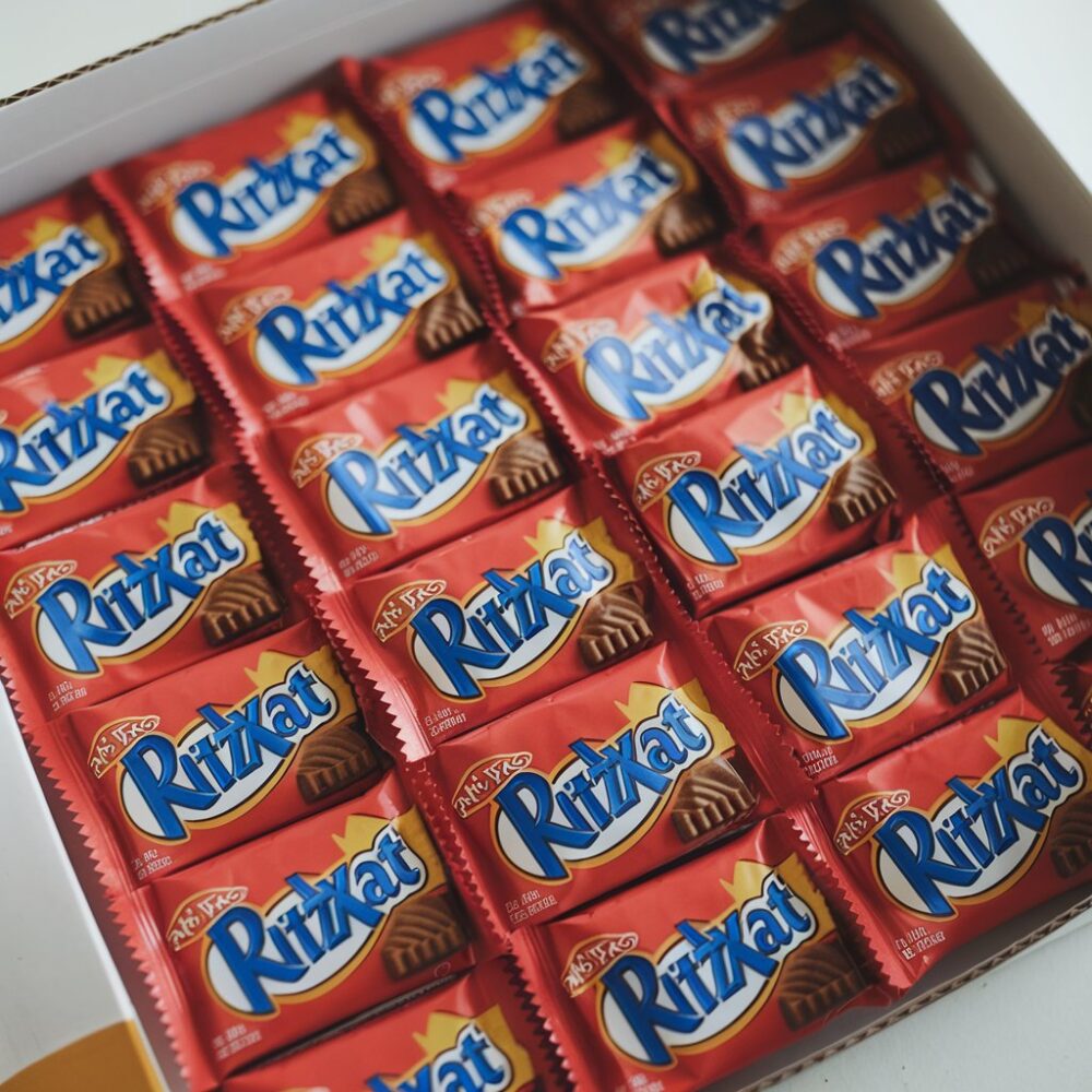 A photo of a box of RitzKat. Each RitzKat is an individually packed portion of Ritz crackers paired with a KitKat bite. 