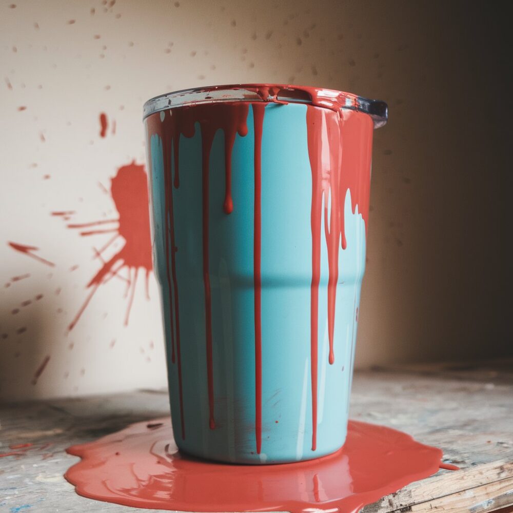 Blue stanley tumbler cup overflowing with red paint, representing red food dye.