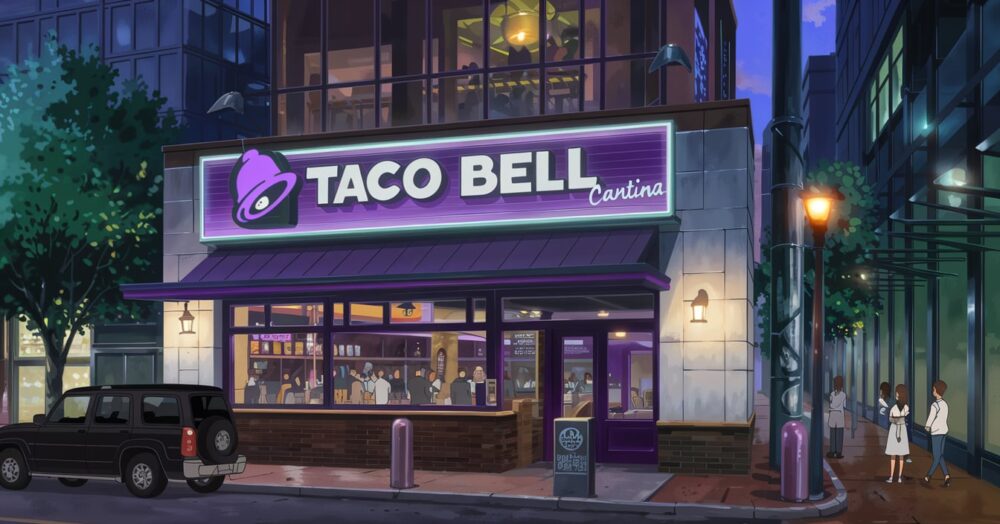 Image of a Taco Bell cantina at night.