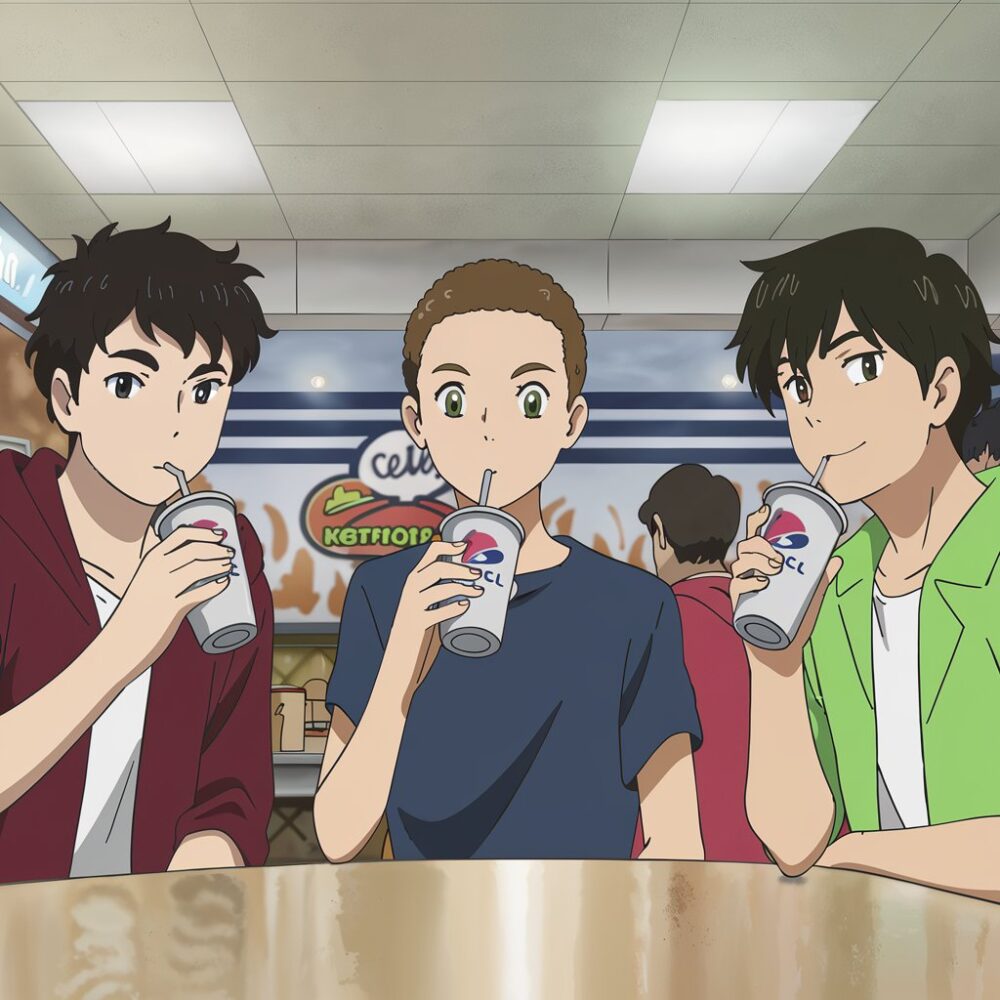 Anime kids drinking beverages at a Taco Bell.