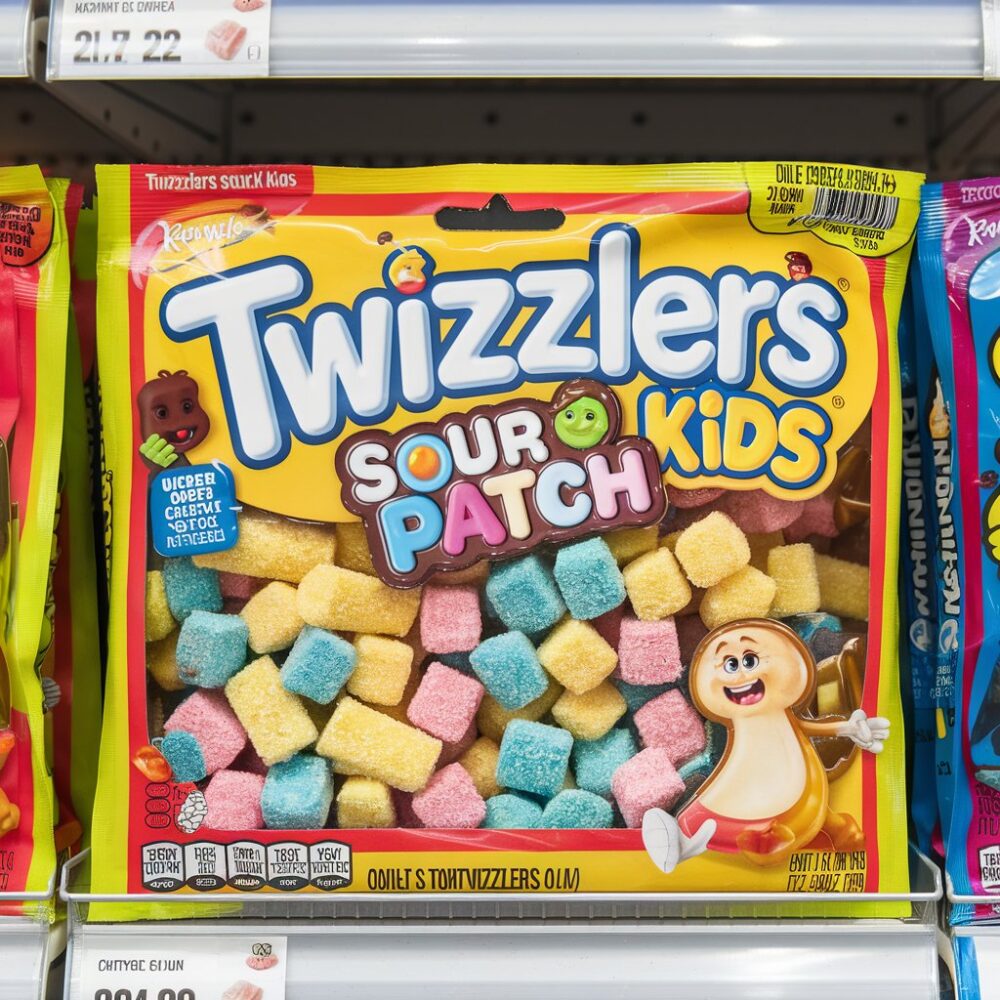 A photo of a package of Twizzlers Sour Patch Kids at a store. 