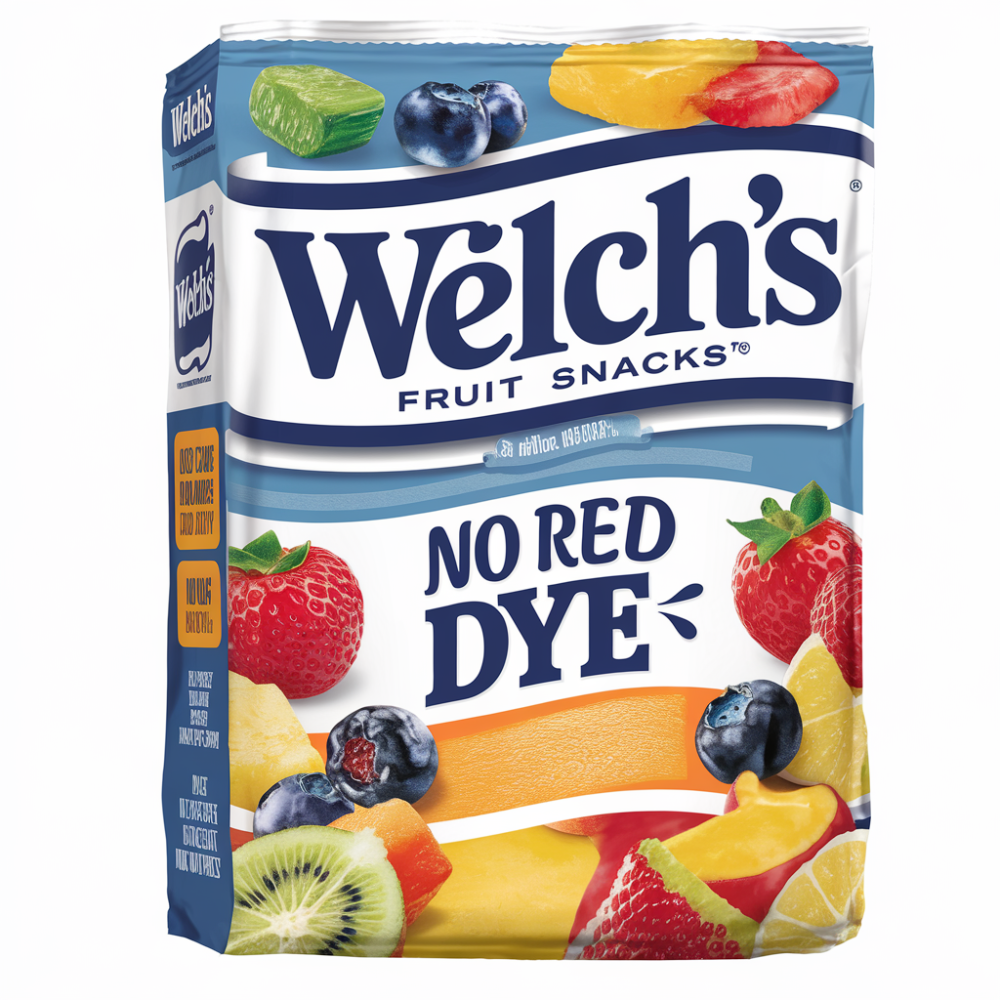 Welch's fruit snacks box but with no red dye labeled on the front of the package.