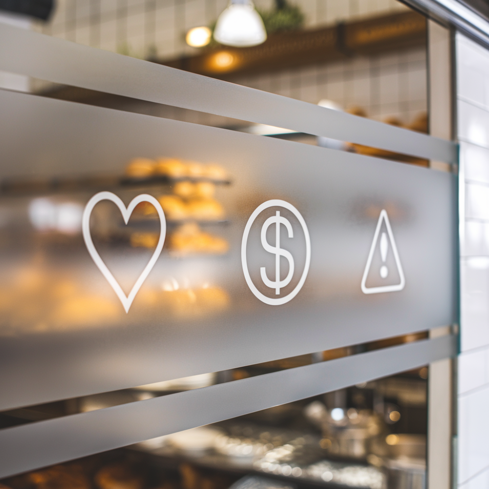 Frosted glass wall etched with symbols for sugar, cost, allergens, and availability.