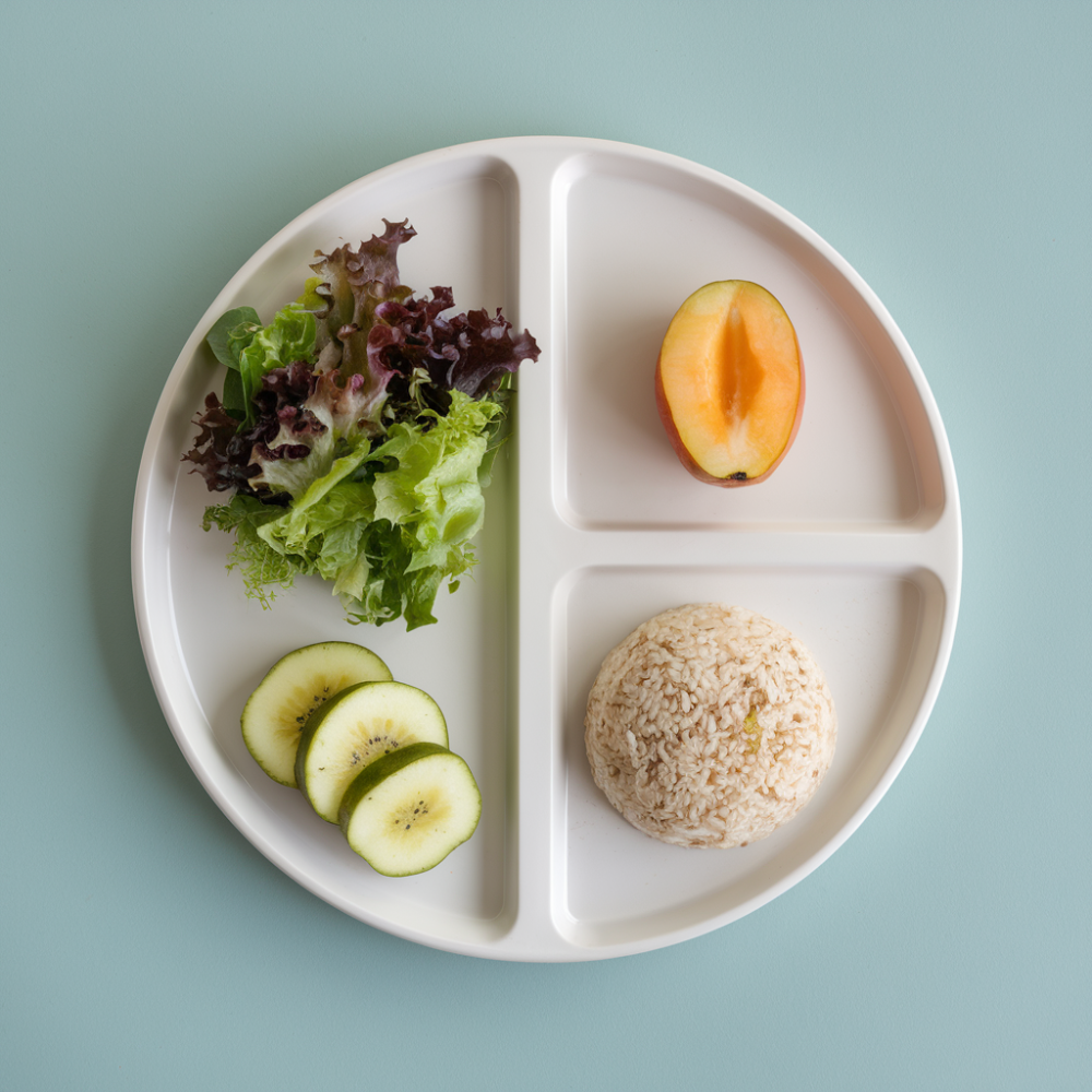 Modern plate divided into sections for low-calorie, organic, and gluten-free food options.