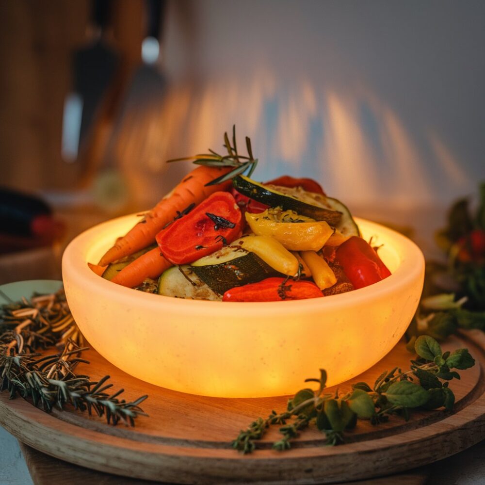 Glowing bowl of food surrounded by a soft light, symbolizing warmth, nostalgia, and indulgence.