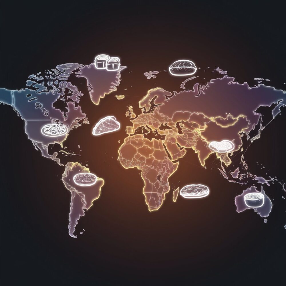 Glowing world map with holographic food icons representing international cuisines like Korean BBQ and Mediterranean dishes.