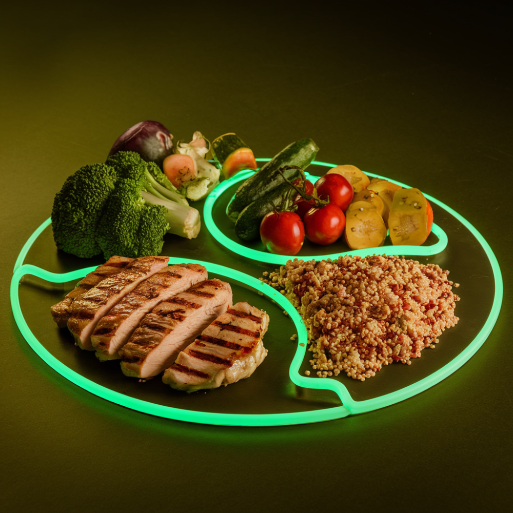 Modern plate glowing with green light, symbolizing health trends like gut health and protein-rich diets.