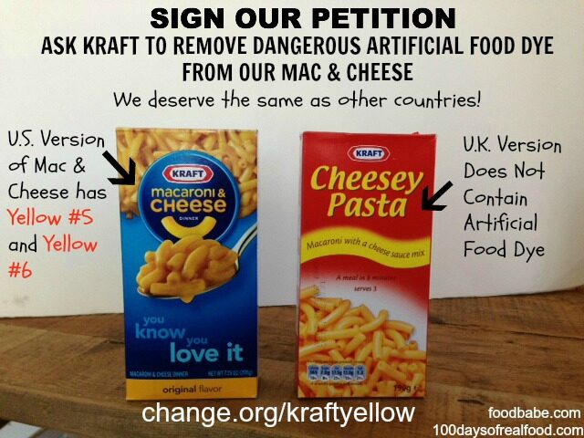 Photo of the US and UK Kraft mac and cheese boxes being compared by a petition to ban Kraft Mac & Cheese yellow food colorings in the United States.