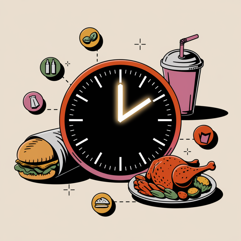 Glowing clock surrounded by icons representing work lunches, pre-workout snacks, and family gatherings.