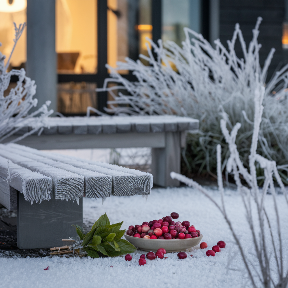 Modern winter scene featuring frosty elements with cranberries and peppermint leaves emerging.