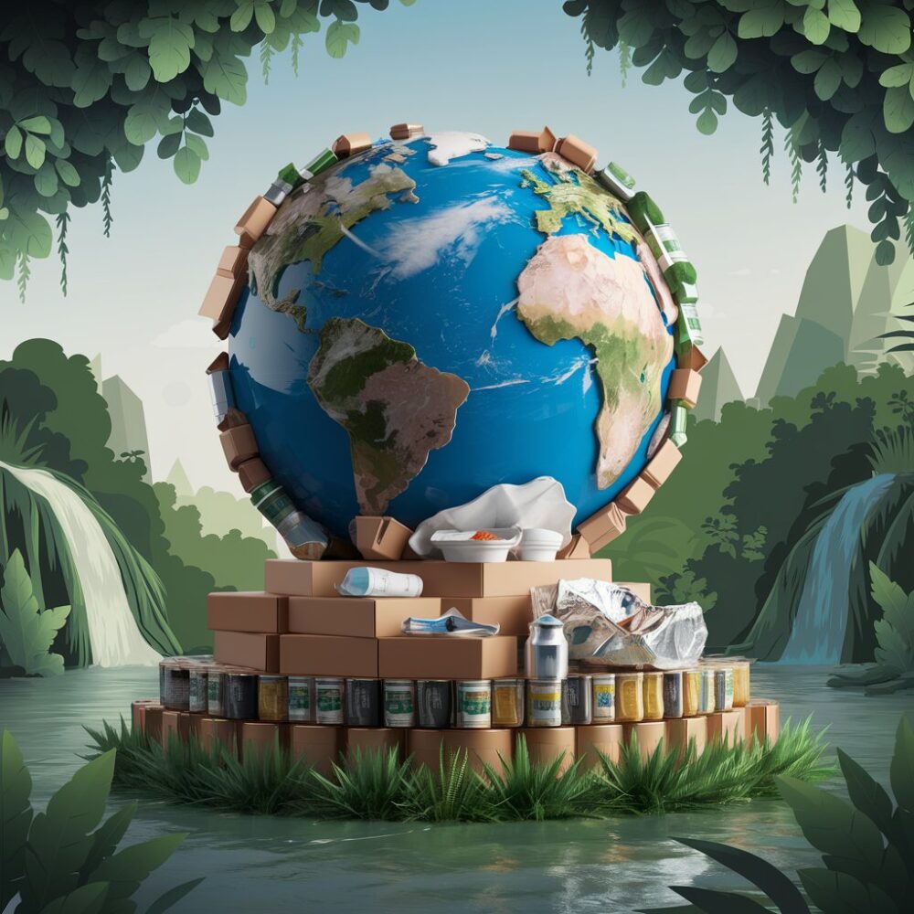 Futuristic Earth encircled by recyclable food packaging and lush greenery to represent eco-conscious choices.