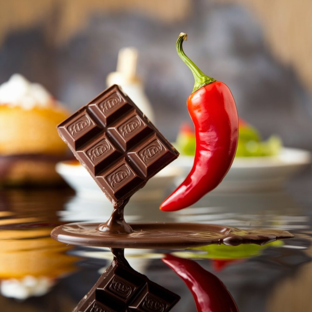 Two contrasting food items, such as chocolate and chili, elegantly hovering above a reflective surface.