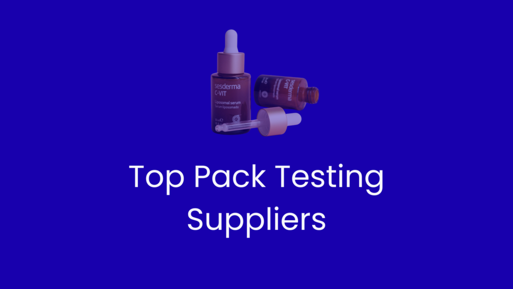 Top pack testing suppliers written with a cosmetics bottle above it on a blue background.